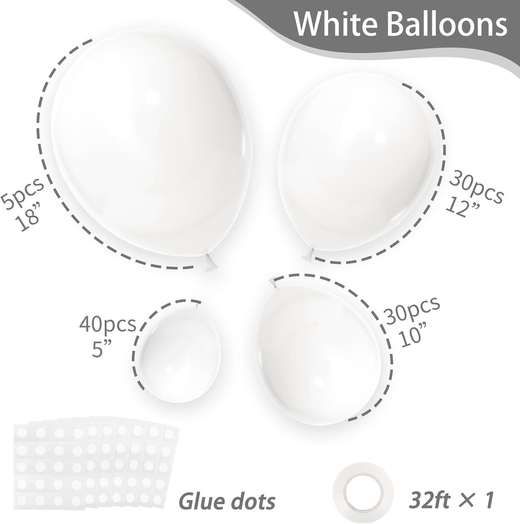 RUBFAC White Balloons - 105 Pcs in 5/10/12/18 Inch Sizes | Perfect for Party Decorations & Events