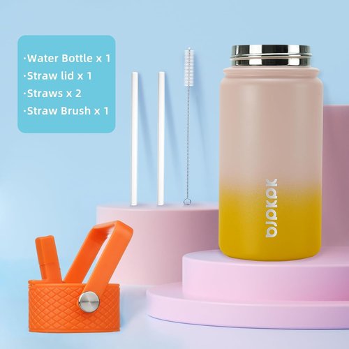 BJPKPK Insulated Water Bottle - 15 oz Stainless Steel Flask with Straw Lid | Leak-Proof & BPA-Free - Coral