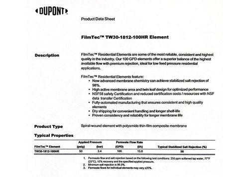 Dow FilmTec, TW30-1812-100HR 100 GPD TFC High Rejection Membrane for Undersink Reverse Osmosis (RO) System