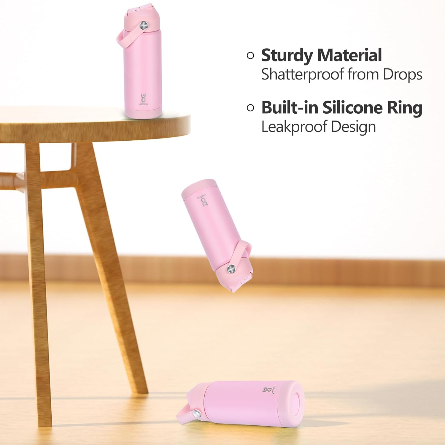 Skiennix 18oz Kids Insulated Water Bottle - Leak Proof Straw Lid & Silicone Handle | Light Pink