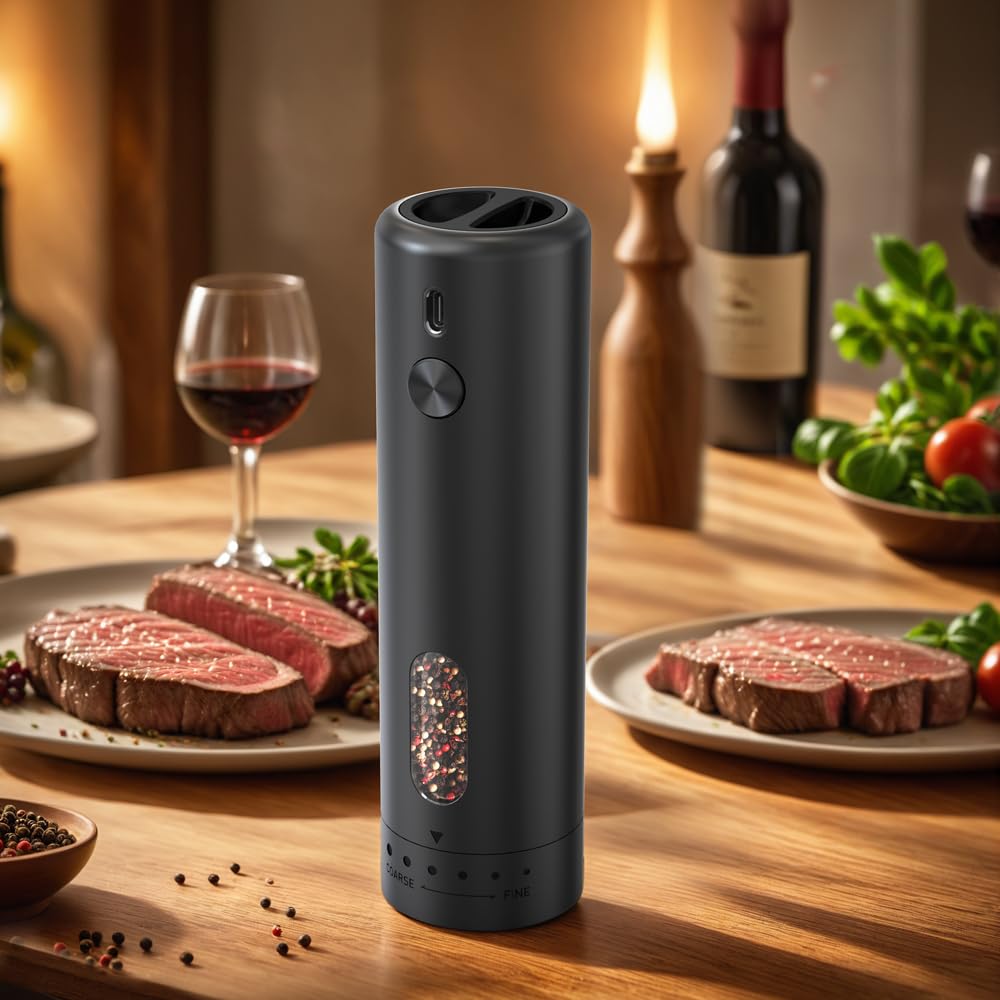 Rechargeable Salt and Pepper Shakers,Electric Salt and Pepper Grinder Set with LED Light for Kitchen, Adjustable 6-level with Base,2 Pack Set