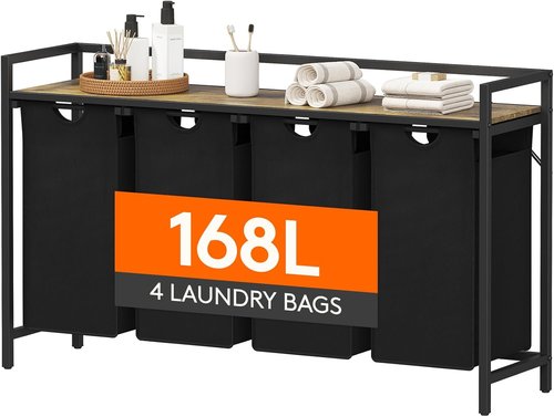 Lifewit Laundry Hamper - 4-Section Organizer with Large Top Shelf & Removable Bags - Black