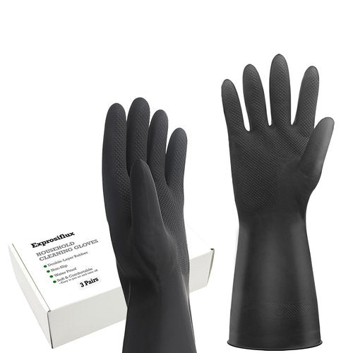 Exprosiflux Heavy-Duty Thick Rubber Cleaning Gloves - 3 Pairs of Extra-Large Black Reusable Waterproof Non-Slip Gloves for Dishwashing and Kitchen Cleaning
