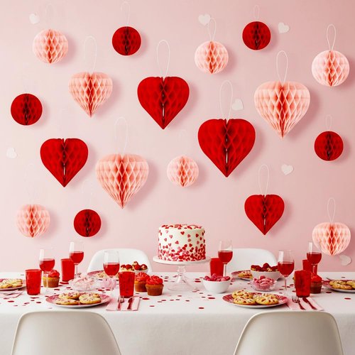 Heart Honeycomb Ball Valentine's Day Party Decoration 16Pcs Red Pink Heart Shaped Tissue Paper Pom Poms Valentine Hanging Decoration for Valentine's Day Engagement Wedding Bridal Shower Party Supplies