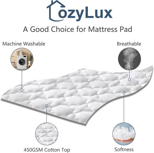 CozyLux Queen Mattress Pad - Breathable Cotton Cooling Topper for 8-21" Deep Pocket | Soft Quilted Protector (60"x80", White)