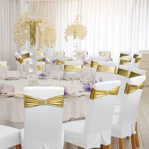 Babenest Spandex Chair Sashes - 50PCS Premium Stretch Covers with Buckle Slider | Metallic Gold for Weddings & Events