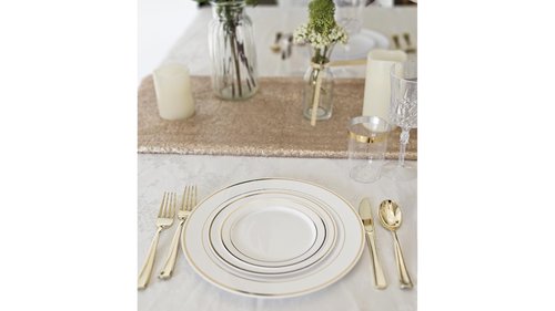 OCCASIONS 120 Plates Pack,(60 Guests) Heavyweight Premium Wedding Party Disposable Plastic Plates Set -60 x 10.5'' Dinner + 60 x 7.5'' Salad/Dessert (White & Gold Rim)