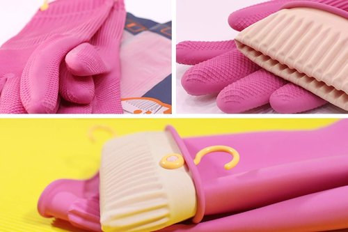 Myungjin 2 Pairs Reusable Waterproof Non-Slip Honeycomb Grip Latex Rubber Gloves with Hang-Dry Hooks/Hanging Loops for Dishwashing Household Cleaning Cooking (Medium)