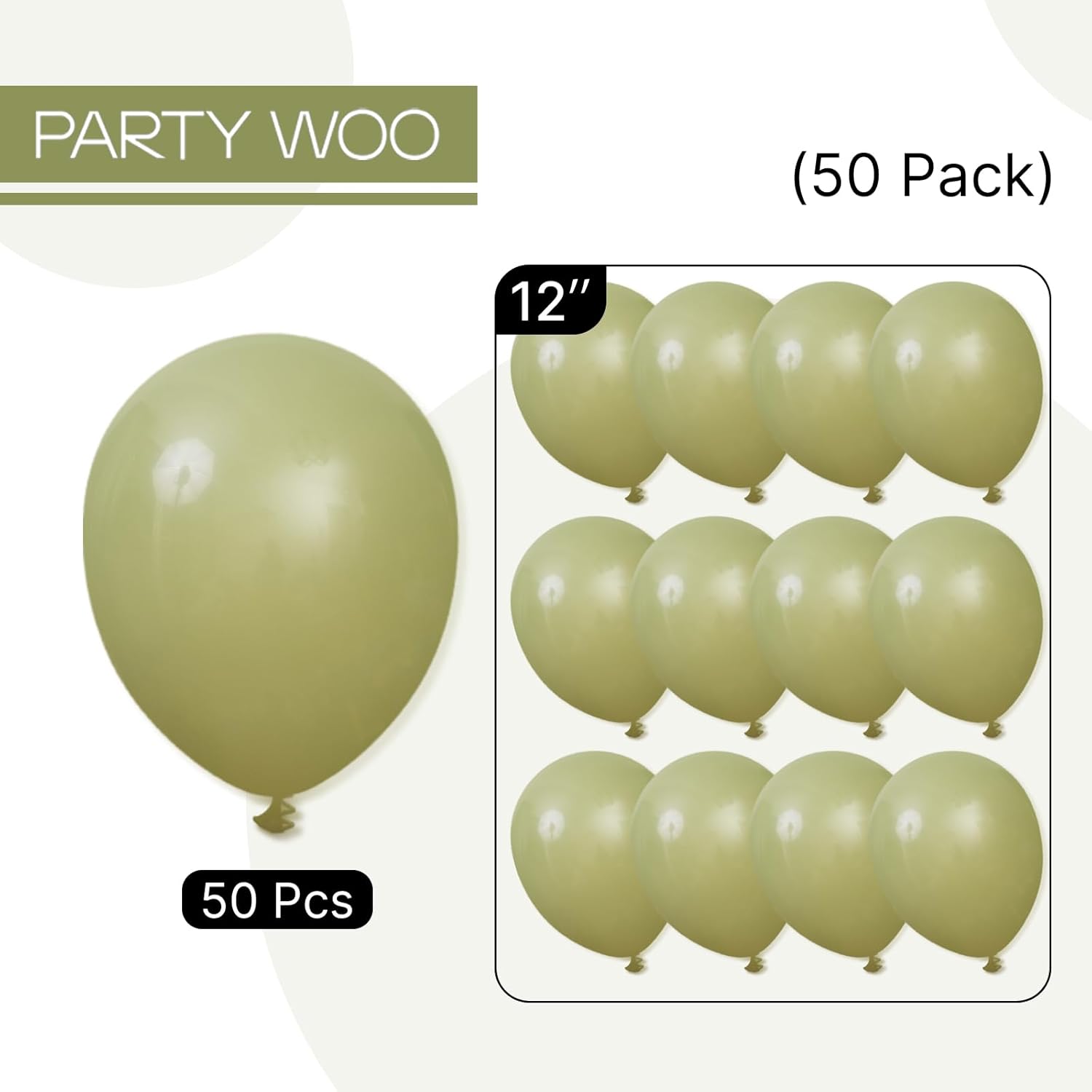 PartyWoo Sage Green Balloons - 50 Pcs 12-Inch Matte Latex Balloons for Weddings & Celebrations