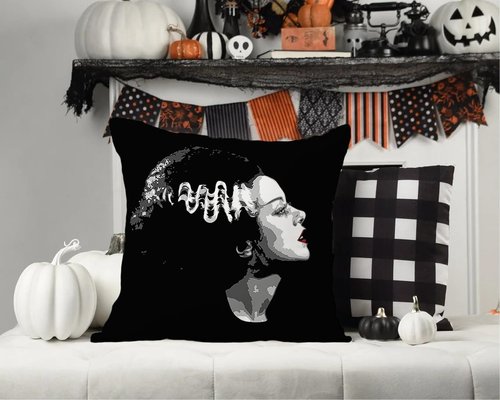 SCQIUSYA Valentine Frankenstein Pillow Covers 18x18, Black Goth Throw Pillows Set of 2, Bride of Frankenstein Spooky Horror Pillowcase for Gothic Home Bedding Couch Room