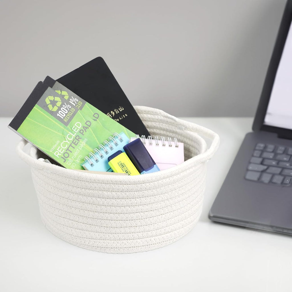 Woven Basket by [Brand Name] - Cute White Storage Solution with Handle | Small Cotton Rope Bin for Nursery