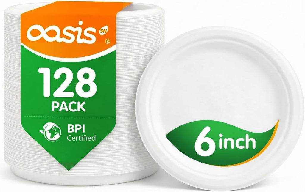 Skiennix Compostable Paper Plates - Heavy-Duty 6-Inch Dessert Plates | Eco-Friendly & Biodegradable, Perfect for Kids' Meals & Parties