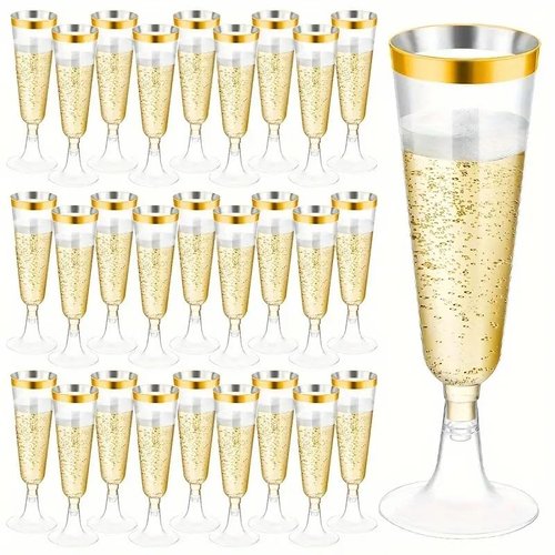 CYUU 50 Pack Plastic Champagne Flutes 5.5oz Clear Gold Rim Disposable Suitable for Wedding, Birthday Party, Thanksgiving Day, Christmas Supplies