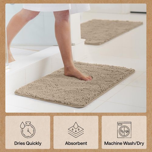 GORILLA GRIP Bath Rug Mat - Thick Absorbent Chenille | Quick-Dry Microfiber, 36x24, Gray Beige