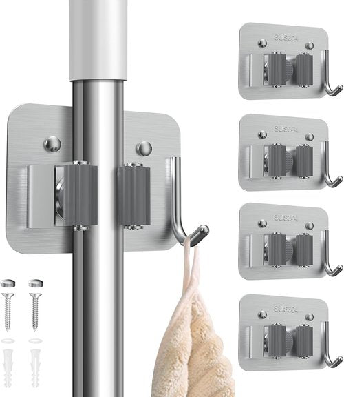 Nacena Broom Holder Wall Mount - Heavy-Duty Stainless Steel Mop & Broom Organizer | 4-Pack Silver Hooks