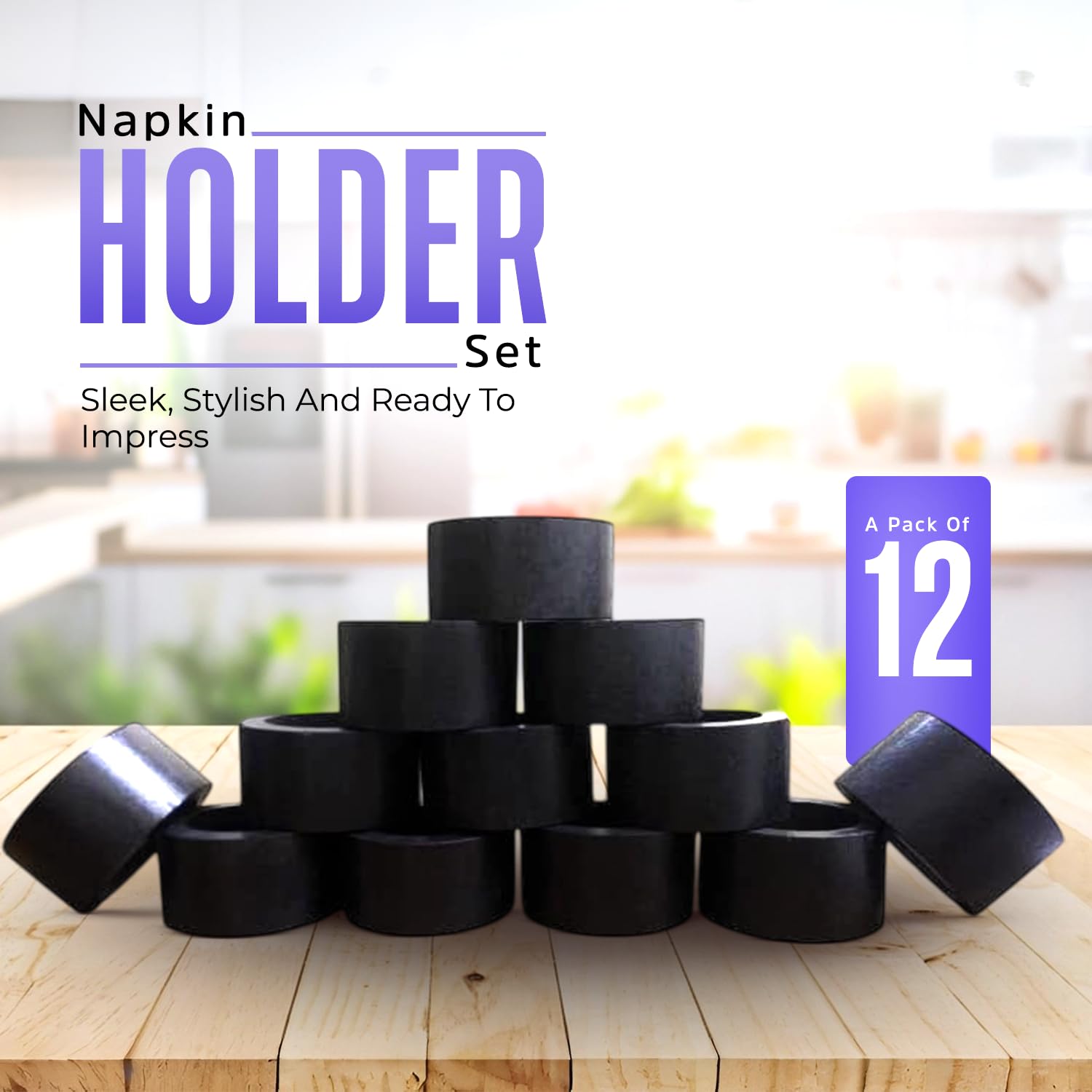 Bambookaari Napkin Rings Set of 12 for Dinning Table Décor Black Napkin Holder Set for Dinner Table Decoration- Napkin Ring for Home and Kitchen Décor