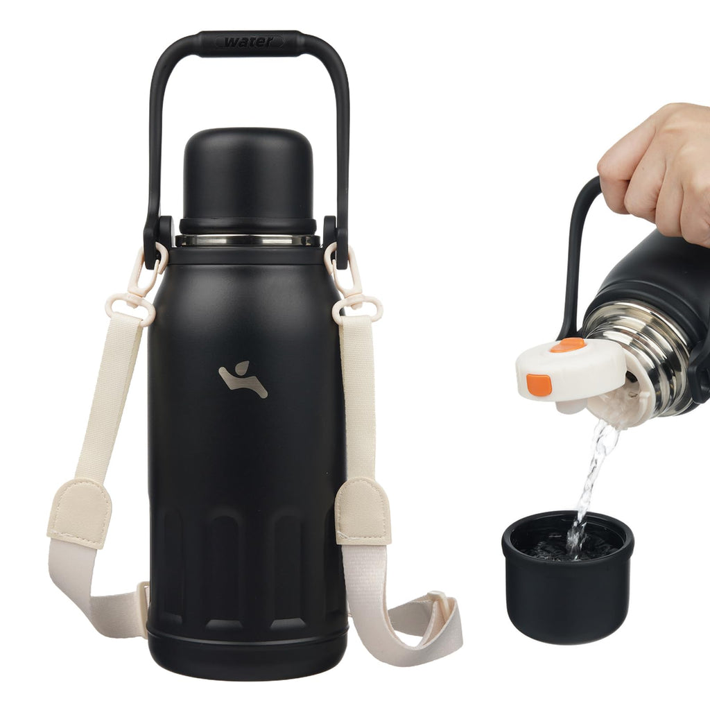 Konokyo Insulated Water Bottle with Handle and Strap,Vacuum Travel Tumbler with Cup Lid,Thermo Coffee Cup for Hot Cold Drinks 40 OZ,Black