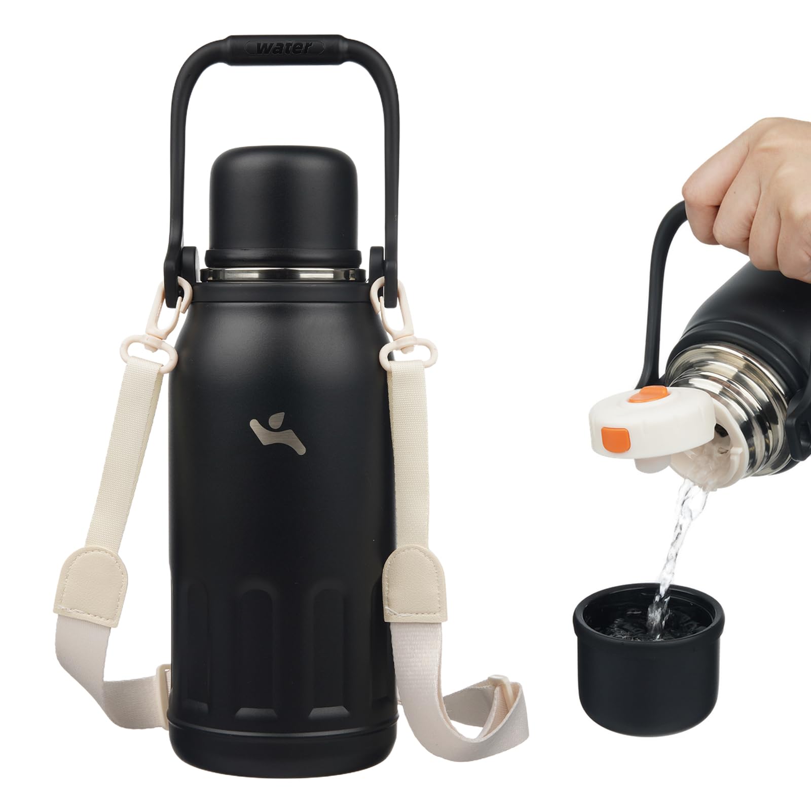 Konokyo Insulated Water Bottle with Handle and Strap,Vacuum Travel Tumbler with Cup Lid,Thermo Coffee Cup for Hot Cold Drinks 40 OZ,Black
