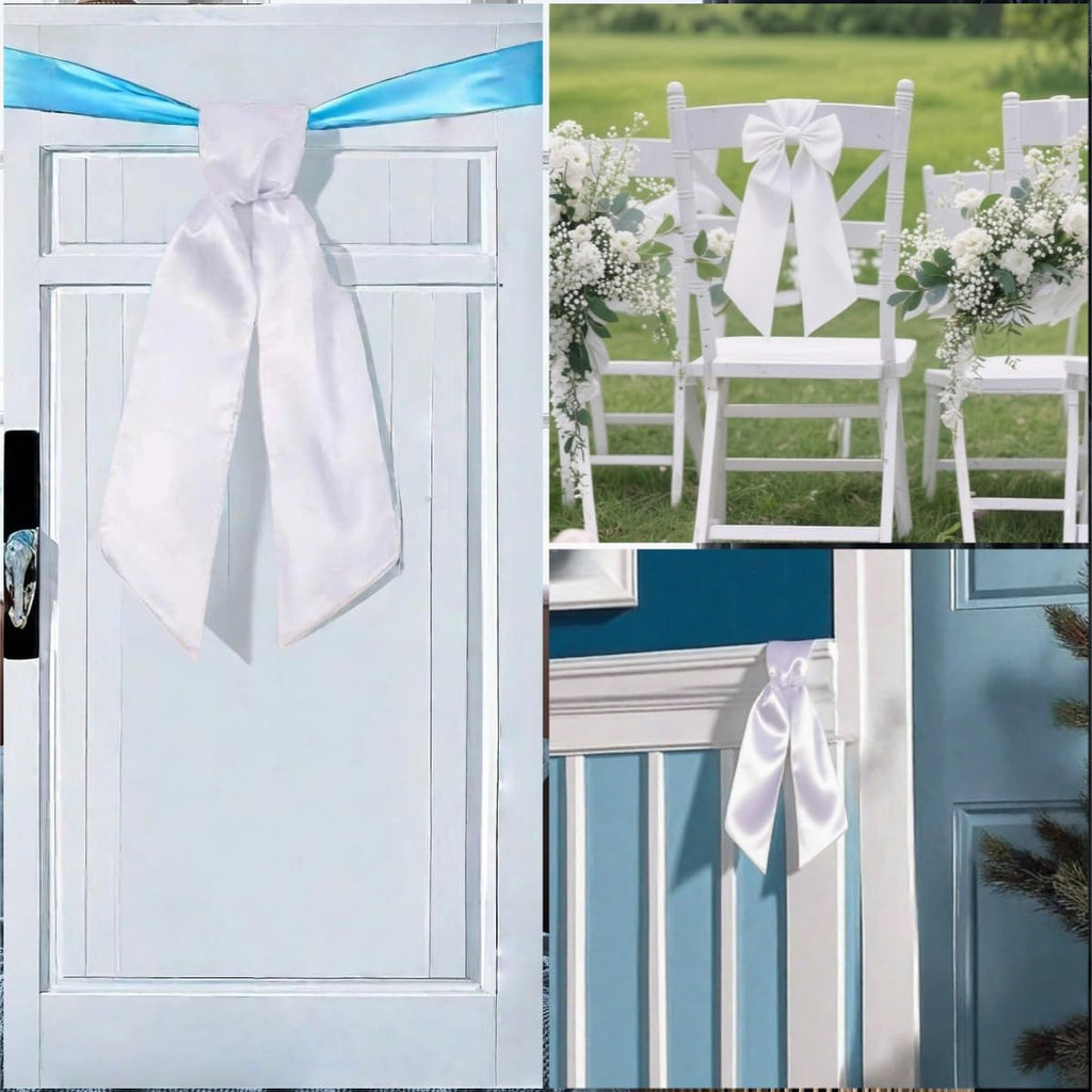 Skiennix 4 Pack White Wreath Sash - DIY Embroidery Satin Blank Accessories for Door Decor | Gift Box Included