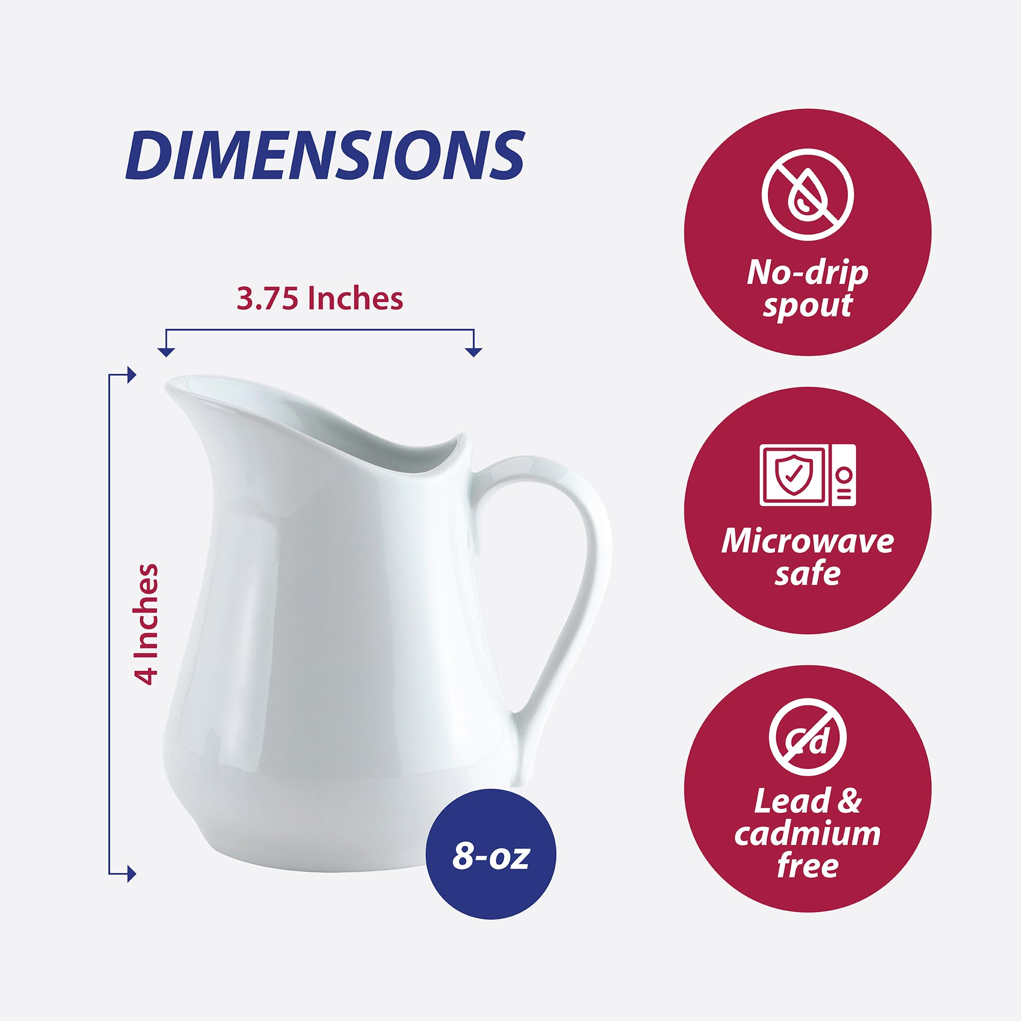 HIC Kitchen Creamer Pitcher With Handle, Fine Porcelain, 8-Ounce Capacity, For Coffee, Tea, Dressings, Sauces, Set of 2