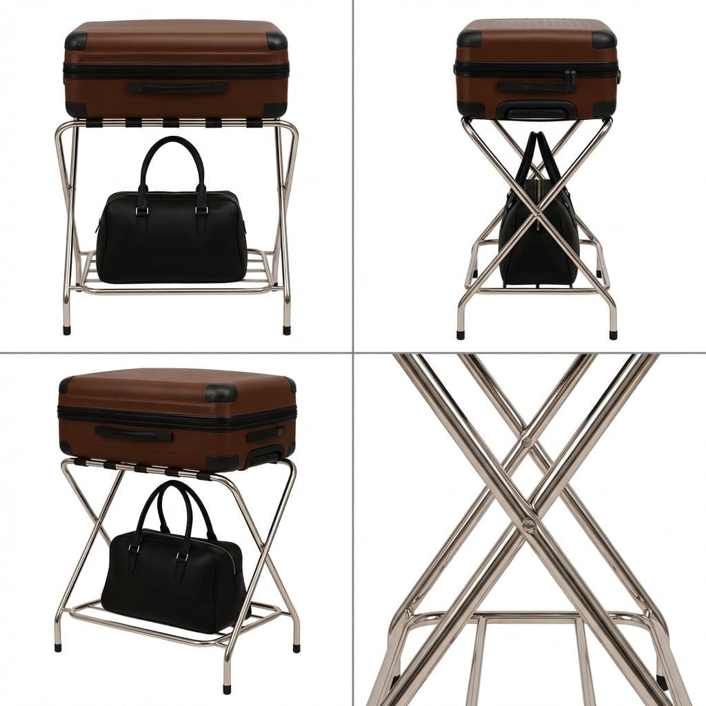 USTECH Luggage Rack double tier for Guest Room ,Chrome, Foldable Suitcase Stand with Straps,self assemble – Heavy Duty Luggage Stand for Bedroom, Hotel, or Closet Storage(Pack of 1)