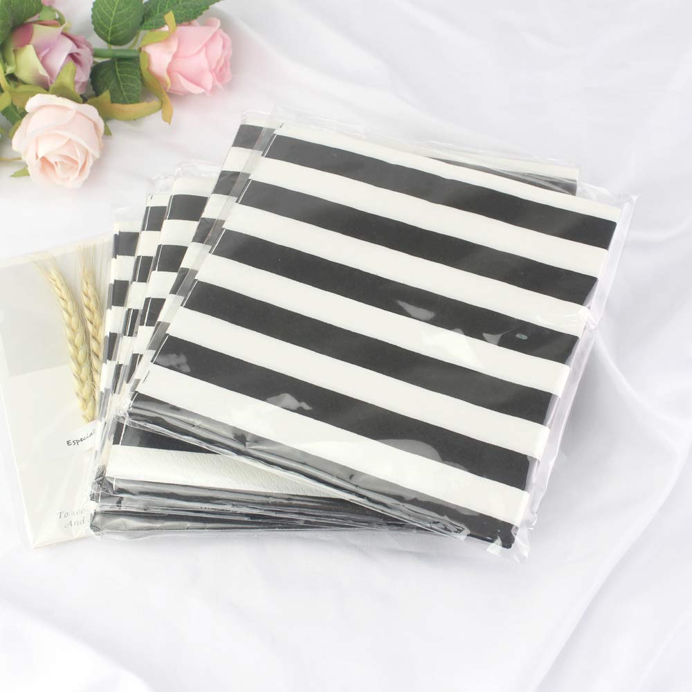 Paper Napkins White Black Stripes, Decorative Dinner Luncheon Napkins for Party Events 100count, folded 6.5” x 6.5”, unfolded 13” x 13”