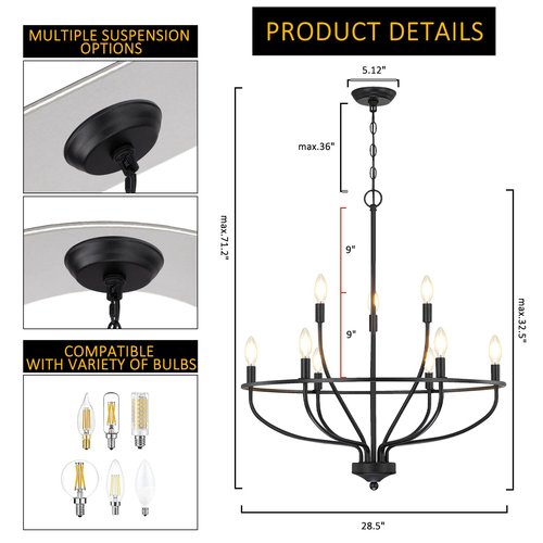 senroyal Black Dining Room Light Fixture, 28.5 Inch Diameter Modern Candle Chandeliers Over Table, 9-Light Farmhouse Chandelier for Kitchen, Bedroom, Living Room (E12 Base)