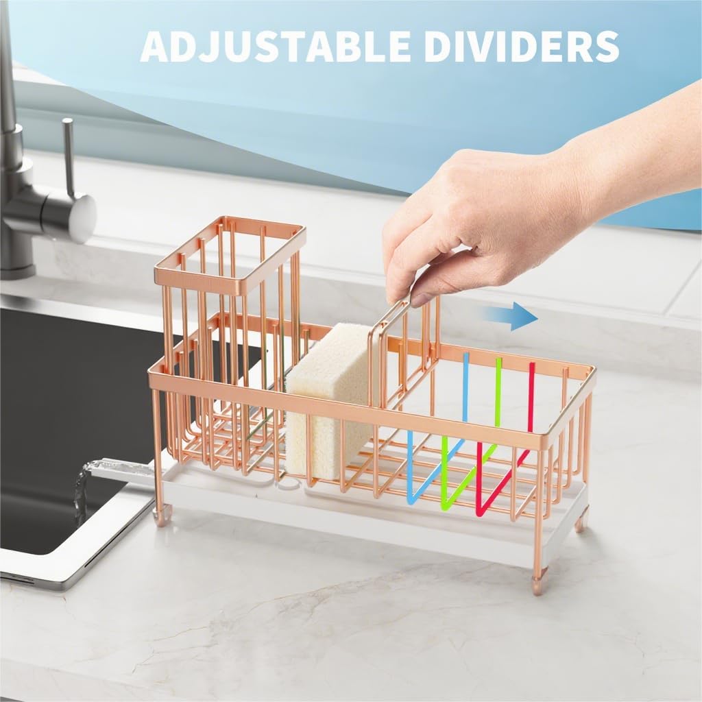 Cisily Kitchen Sink Caddy Organizer - Rustproof 304 Stainless Steel with High Brush Holder | Rose Gold, 9.25”