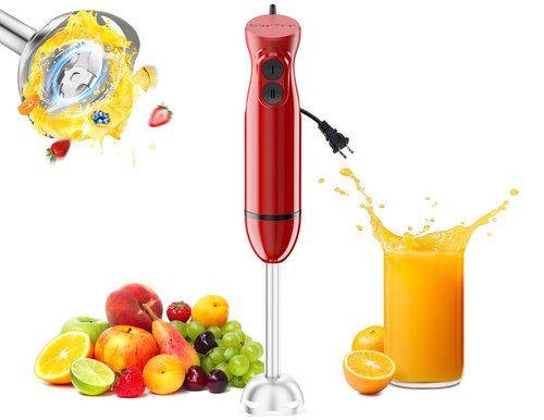 Bonsenkitchen Hand Blender, Immersion Blender with 2 Mixing Speed, Portable Electric Handheld Stick Mixer with Stainless Steel Blades for Soup, Smoothie, Puree, Baby Food, Red