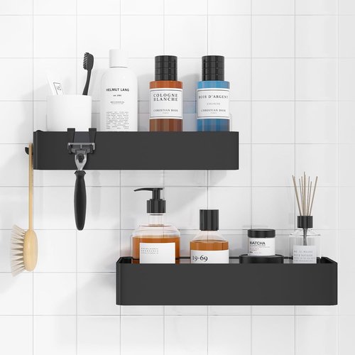 Kitsure Shower Caddy | 2-Pack Adhesive Organizer - Rustproof Metal Shelves, No-Drill, Black, X-Large