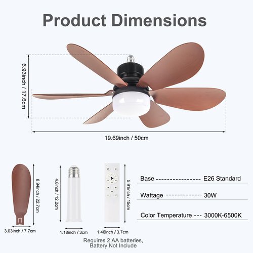 Socket Fan Light, Light Bulb Fan 20.5IN Dimmable, Screw in Socket Fan Ceiling Fan with Light for Garage, Kitchen, Basement (Wood Grain)