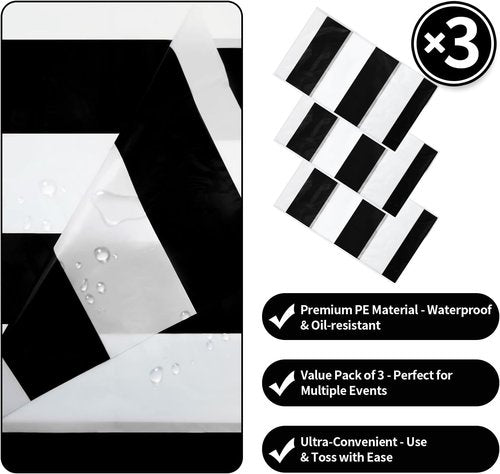 Gingham Tablecloths by [Brand Name] - 3 Pack Waterproof Plastic Covers | 54 x 108 Inch Black and White Stripe for Parties & Picnics