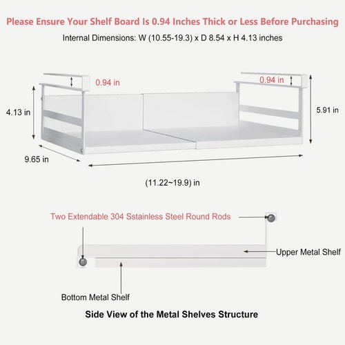 SHINEWON Expandable Under Cabinet Shelf Organizer with 0.94-Inch Thick Clips, Heavy Duty Extendable Under Shelf Storage Basket for Pantry or Laundry Room, White, 2 Pack, Interior: 4.13" H x 8.54" D