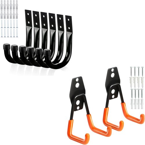 KURUI Heavy Duty Garage Hooks - 6 Pack Storage Hooks for Tools & Cords | Black Wall Mount Utility Hooks
