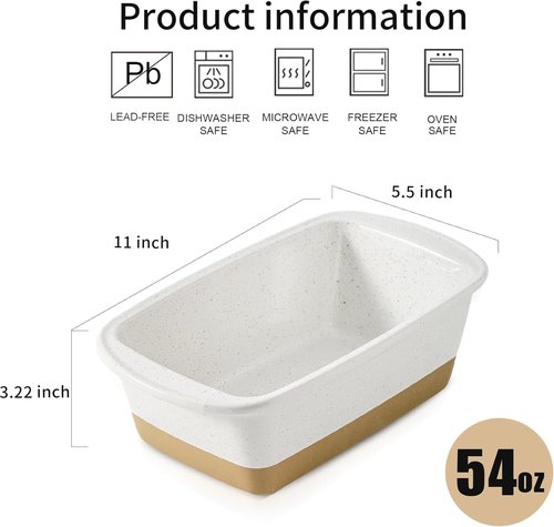 HVH Ceramic Loaf Pan - 9 x 5 Inch Rectangular Bread Baking Dish | Farmhouse Style (White)