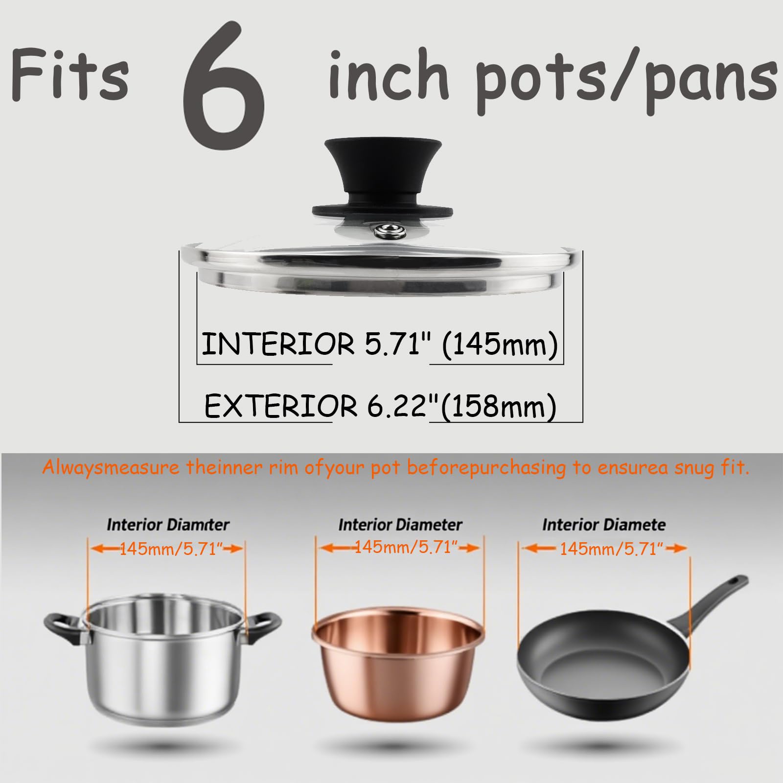 HEVSTIL Universal Lid for Pots, Pans and Skillets,6inch /15cm Clear Glass Pot Lid with Heat Resistant Silicone Handle Glass Replacement Lid for Frying Pan, Frying Pans,Pan Lid, Cast Iron, CrockPot