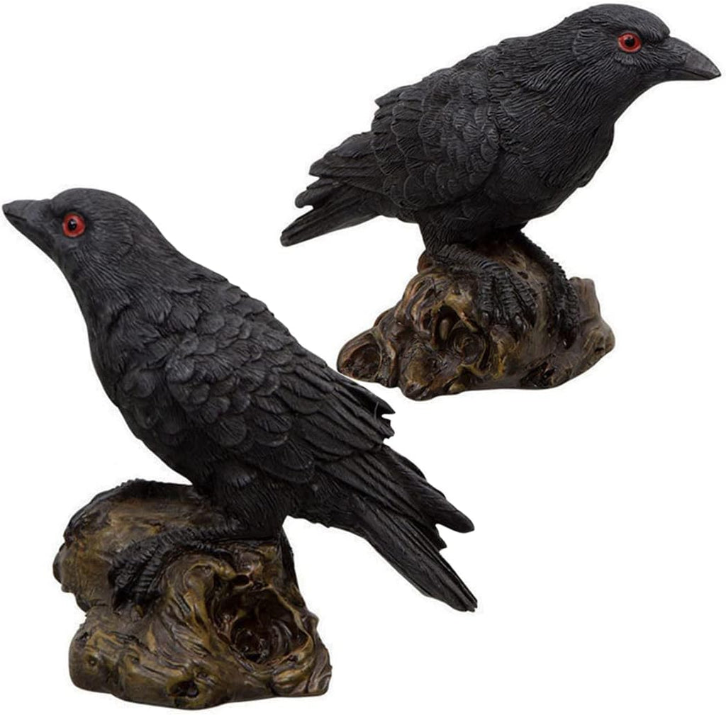 Skiennix 2PCS Resin Crow Raven Statues - Black Bird Halloween Decor | Realistic Design