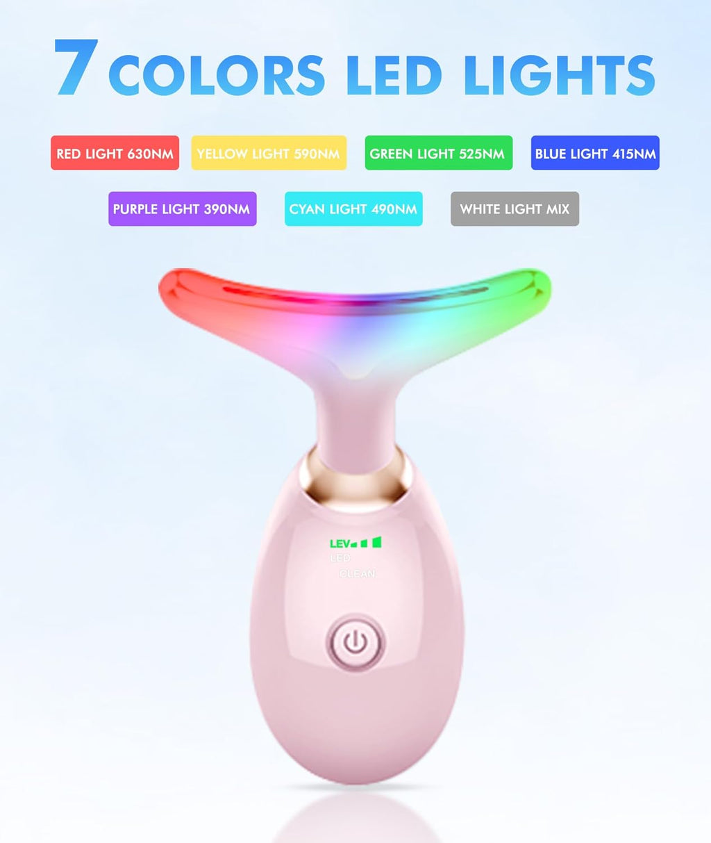 Skiennix Red Light Therapy Face Massager - 7 Color Vibrating Tool for Wrinkles & Double Chin | Glossy Pink