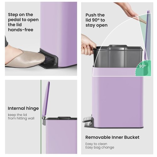 Cesun Stainless Steel Small Bathroom Trash Can - Soft Close Lid & Step Pedal, 6L | Purple Finish