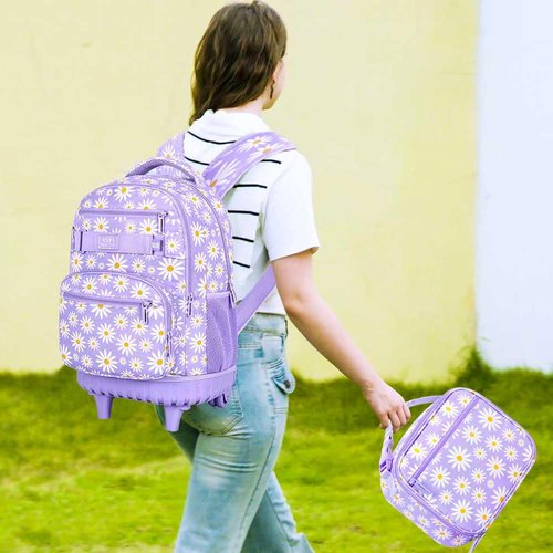 Girls Rolling Backpack, Women Roller Bookbag with Lunch Box for Adults, Water Resistant Wheeled School Bag for College Teens Kids Travel - Purple Flower