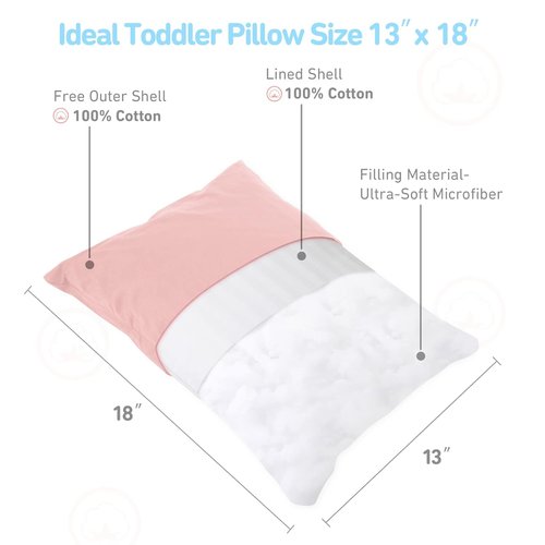 Babebay Toddler Pillow - Soft 13x18 Inch Machine Washable Pillow with Cotton Case | Pink, Ages 2-5