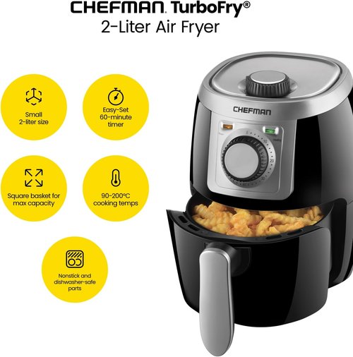 CHEFMAN 2 Qt Compact Air Fryer - Healthy Cooking with Adjustable Temperature & 60-Minute Timer | Nonstick & Dishwasher Safe, Black