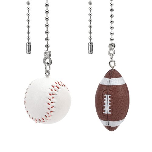 BRBASAP 2Pcs Ceiling Baseball Football Pull Fan Chain Set 12'' Sports Fan Pulls Nickel Decorative Extension for Ceiling Light Lamp Fan Chains Unique Long Cord Puller Ornaments