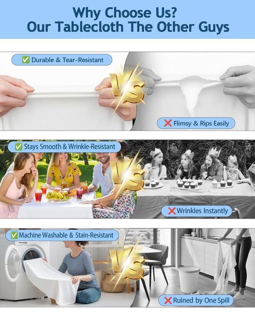 Lemict Rectangle Tablecloth White Washable Decorative Polyester Table Cloth, Wipeable Table Cover for Dining/Wedding/Birthday/Party/Banquet Decor 60" x 84", 12 Pack