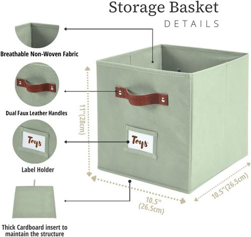 DECOMOMO Storage Bins - Fabric Cube Storage with Labels for Shelves | 10.5" x 11" | 6-Pack, Sage Green