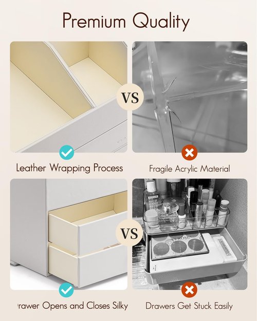 VLANDO Makeup Organizer for Vanity,Large Capacity Countertop Organizer with Drawers, PU Leather Cosmetic Display Case for Lipstick,Brushes,Skincare,Nail polish and Bedroom Storage (White)