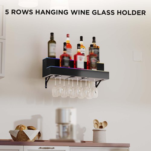 Dethan 2 Tier 24 Inch LED Lighted Liquor Bottle Display Shelf - Wall-Mounted Wine Rack with Multi-Color App & Remote Control, Adjustable Brightness & Sound Modes, Acrylic Bar Shelves for Home Bars