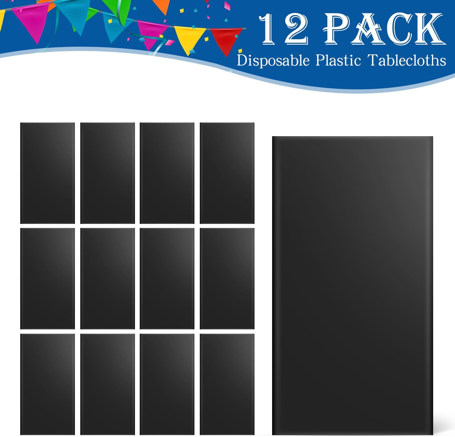 Skiennix 84-Inch Round Disposable Plastic Tablecloths - 12 Pack in Classic Black for Parties