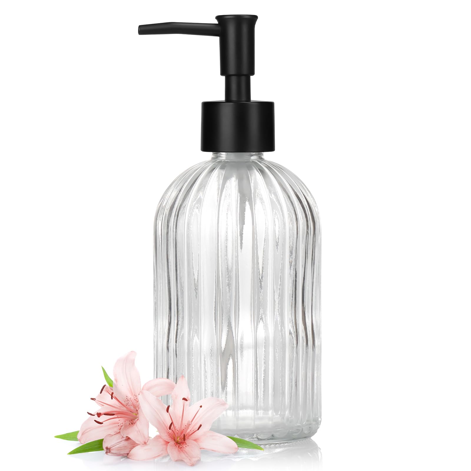 1 Pack 13.5oz Glass Soap Dispenser with Plastic Pump, Vertical Stripe Design Refillable Hand Soap Dispenser for Hand Wash, Bathroom and Kitchen