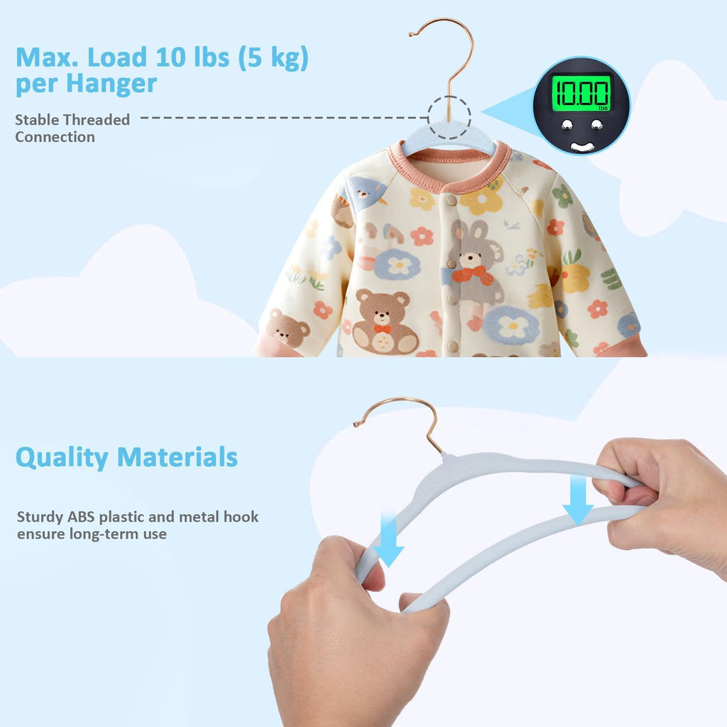 Tonswachic 11-Inch Baby Closet Hangers - Soft Velvet Non-Slip Design with 10 Clips | Blue 30-Pack